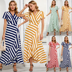Women's Stripe Patchwork Ruffle Wrap Long Maxi Dress