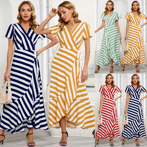 Women's Stripe Patchwork Ruffle Wrap Long Maxi Dress