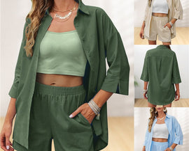 2pcs Women Set Button Front Shirt Elastic Waist Shorts with Pockets