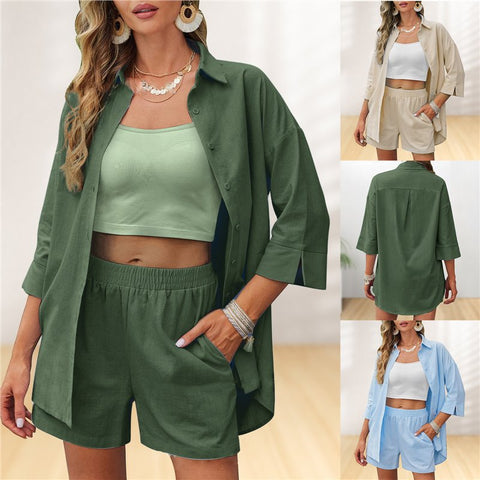 2pcs Women Set Button Front Shirt Elastic Waist Shorts with Pockets
