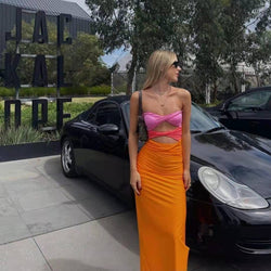 Women's Cut Out Split Bodycon Twist Front Contrast Color Dress