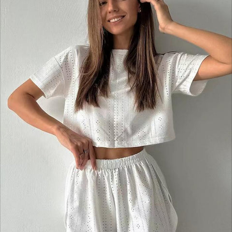 Women Hollow Crop Top Short Pants Set