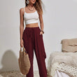 Womens Solid Drawstring Elastic Waist Pants with Pockets