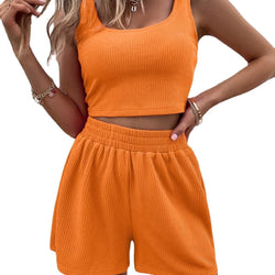 Womens 2 Piece Outfits Sleeveless Square Neck Crop Top Tank High Waisted Shorts  Lounge Set