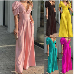 Women Deep V-neck Wide Leg Jumpsuit