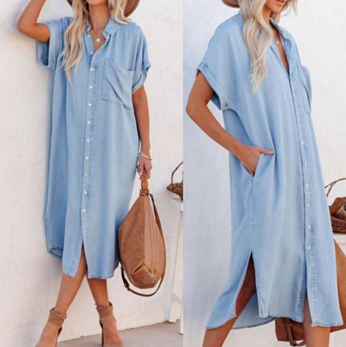 Women Blue Shirt Dress Maxi Dress