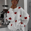 Love Embroidery Knit O-neck Women Pullover Lantern Sleeve Oversized Sweater