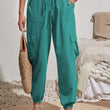 Womens Solid Drawstring Elastic Waist Pants with Pockets