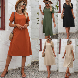 Women Cotton Loose Midi Dress with Pocket