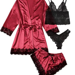 4PCS Women's Satin Pajamas Nightdress Lingerie Robes Underwear Sleepwear Set