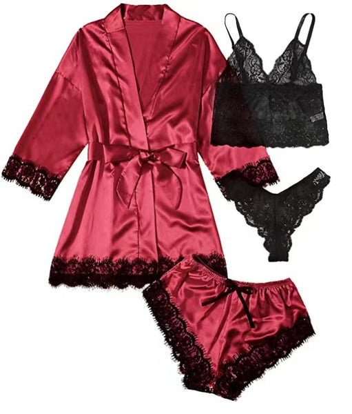 4PCS Women's Satin Pajamas Nightdress Lingerie Robes Underwear Sleepwear Set