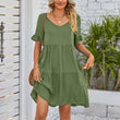 Women Summer V-Neck Solid Color Ruffle Short Sleeve Mini Dress with Pocket
