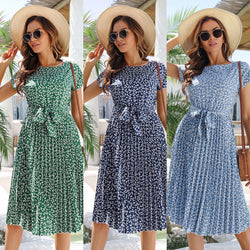 Women Round Neck Print Short Sleeves Dress