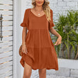 Women Summer V-Neck Solid Color Ruffle Short Sleeve Mini Dress with Pocket