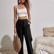 Womens Solid Drawstring Elastic Waist Pants with Pockets
