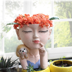 Eco-friendly Lovely Decorate Resin Girl And Dog Planter Pot