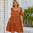 Women Summer V-Neck Solid Color Ruffle Short Sleeve Mini Dress with Pocket