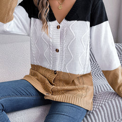 Women Contrast Button Down Long Sleeve Sweater Cardigan