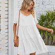 Women Summer V-Neck Solid Color Ruffle Short Sleeve Mini Dress with Pocket