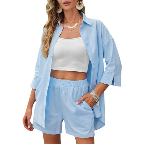 2pcs Women Set Button Front Shirt Elastic Waist Shorts with Pockets
