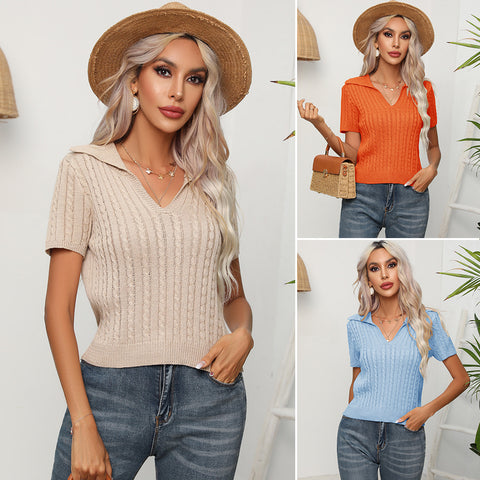 Women Knitted V-neck Short Sleeves Sweater Tshirt