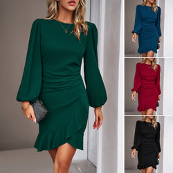 Women's O-Neck High Waist Irregular Ruffle Bubble Sleeve Dress