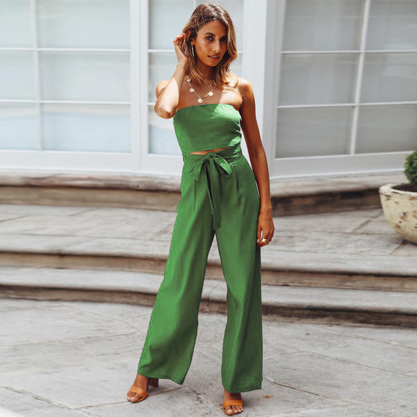Women Off Shoulder Elegant Rompers Wide Leg Long Pants with Belt