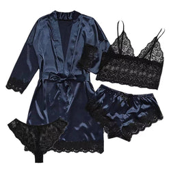 4PCS Women's Satin Pajamas Nightdress Lingerie Robes Underwear Sleepwear Set