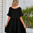 Women Summer V-Neck Solid Color Ruffle Short Sleeve Mini Dress with Pocket