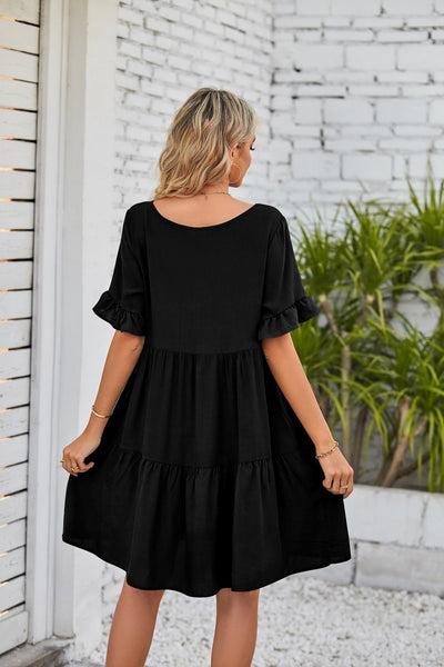 Women Summer V-Neck Solid Color Ruffle Short Sleeve Mini Dress with Pocket