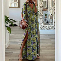 Women V-Neck Short Sleeves Printed Maxi Dress