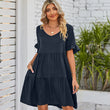 Women Summer V-Neck Solid Color Ruffle Short Sleeve Mini Dress with Pocket