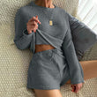 Womens Waffle Knit Pajama Sets Long Sleeve Top and Shorts Matching Loungewear