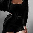 Autumn Winter Crop Top+Short Pants+Coat 3 Pieces Suit Fleece Loungwear