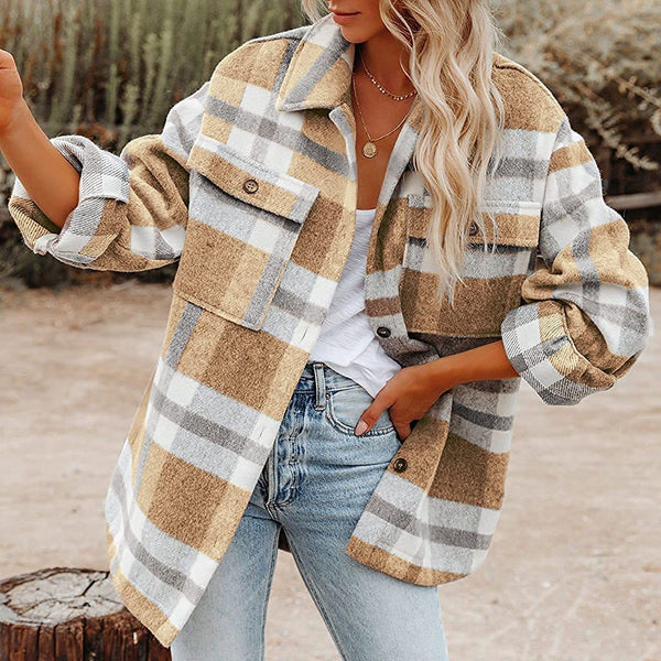 Women's Plaid Flannel Long Sleeve Lapel Button Pocketed Shacket