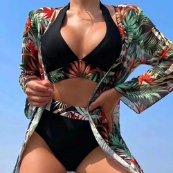 Women's Crop Top High Waisted Cheeky Bikini Cover 3pcs Set