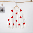 Love Embroidery Knit O-neck Women Pullover Lantern Sleeve Oversized Sweater