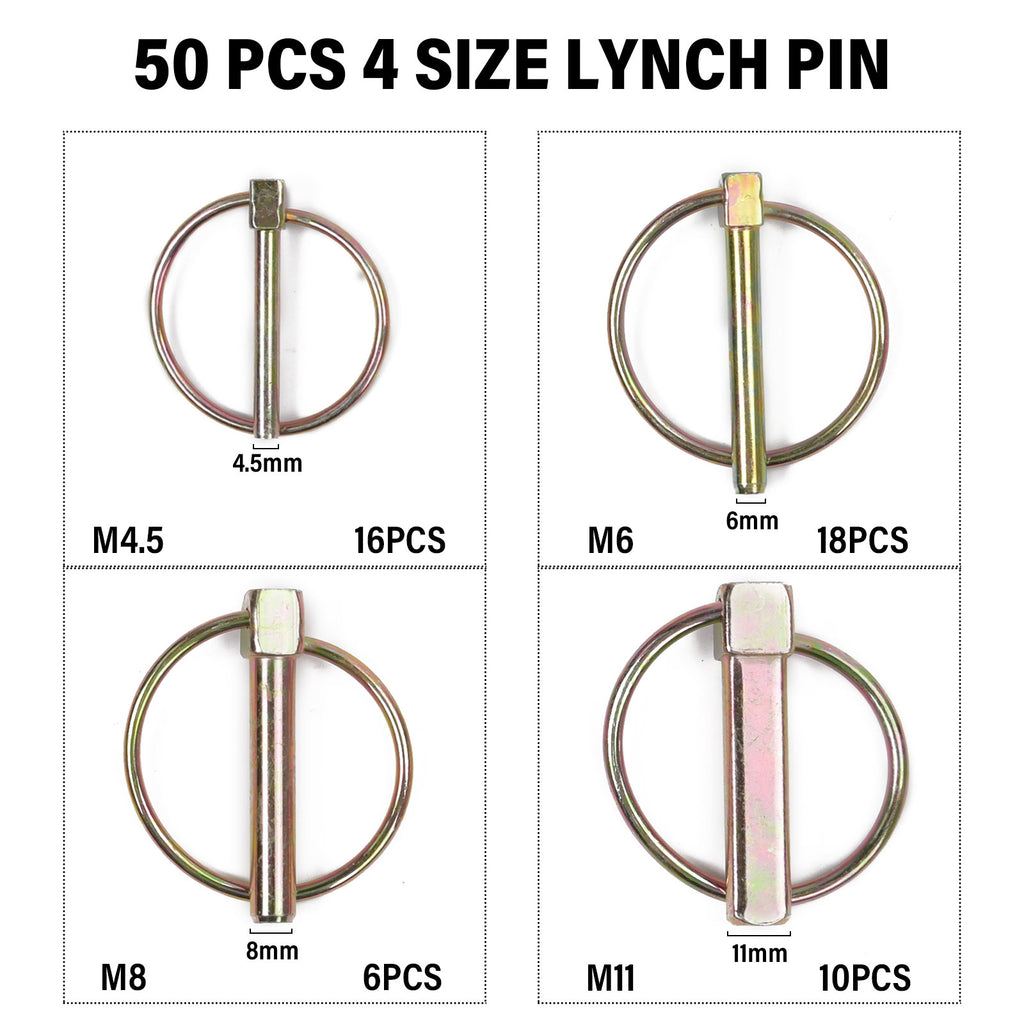 50pcs Linch Pin Assorted .4.5mm,6mm,8mm,11mm Shaft Lynch Trailer Tract ...