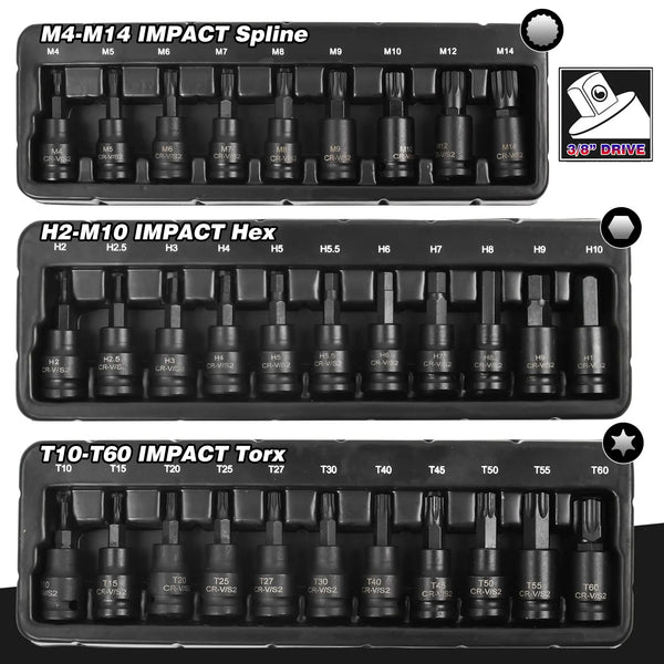 3/8" Dr Mix IMPACT Hex Torx Spline Bit Sockets