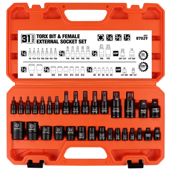 Torx Star Female External Socket Bit Set 1/4" 3/8" 1/2" 31pc Adapter and Reducer