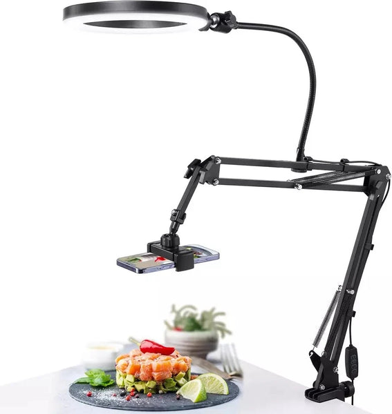 Overhead Phone Mount with Ring Light Flexible Arm Tripod