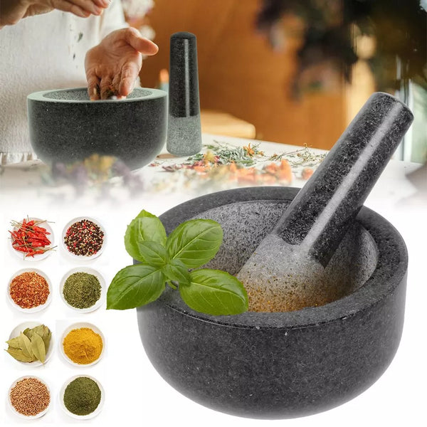 Large Granite Pestle & Mortar set black grey marble kitchen crush herbs pepper