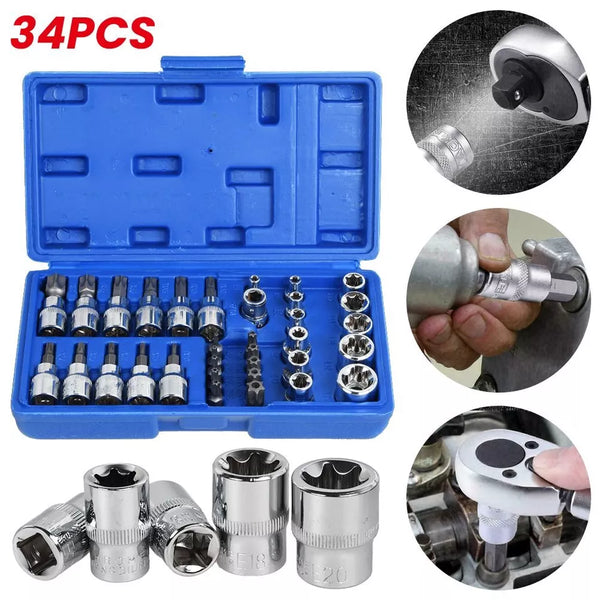 Torx Torque Tork Star Bits Drive Male Female 3/8' Chrome Sockets Set Tool