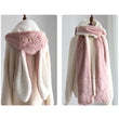 3in1  Rabbit Ears Hat Women Cute Warm Winter Thick Warm Long Hoodies Neck Scarf with Mittens