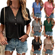 Women Solid Color Button V-neck Short Sleeves Tshirt