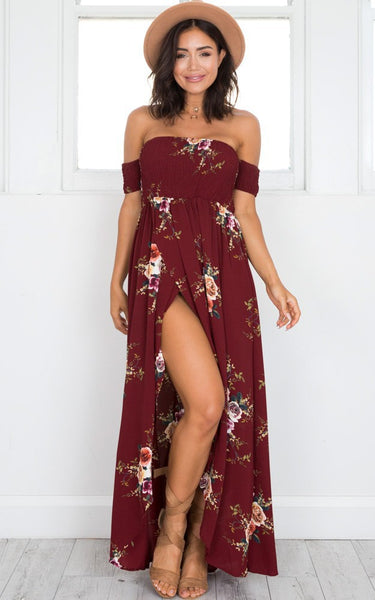 Women Off Shoulder Floral Print Summer Beach Maxi Dress