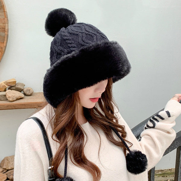 Women Knitted Fleece Pom Pom Beanie Hat
