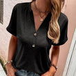 Women Solid Color Button V-neck Short Sleeves Tshirt