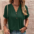 Women Solid Color Button V-neck Short Sleeves Tshirt