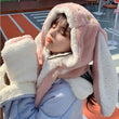 3in1  Rabbit Ears Hat Women Cute Warm Winter Thick Warm Long Hoodies Neck Scarf with Mittens